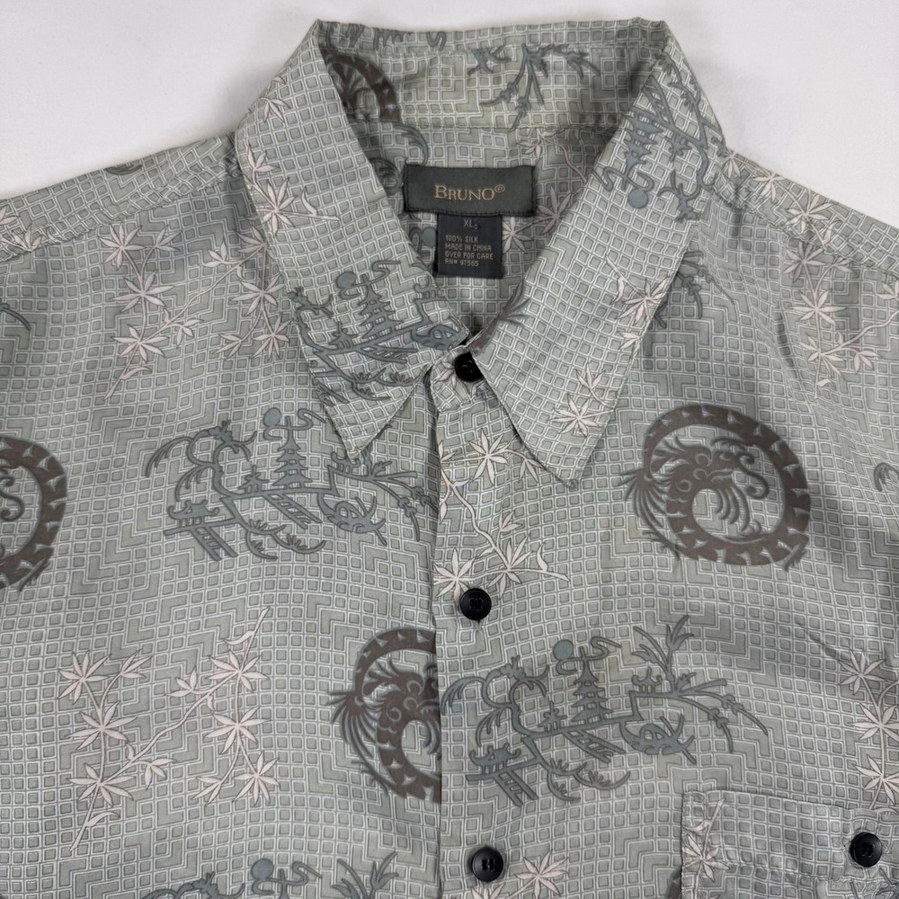Bruno 100% Silk Button Up Shirt XL Gray Dragon Print Camp Hawaiian Y2K - Picture 9 of 9